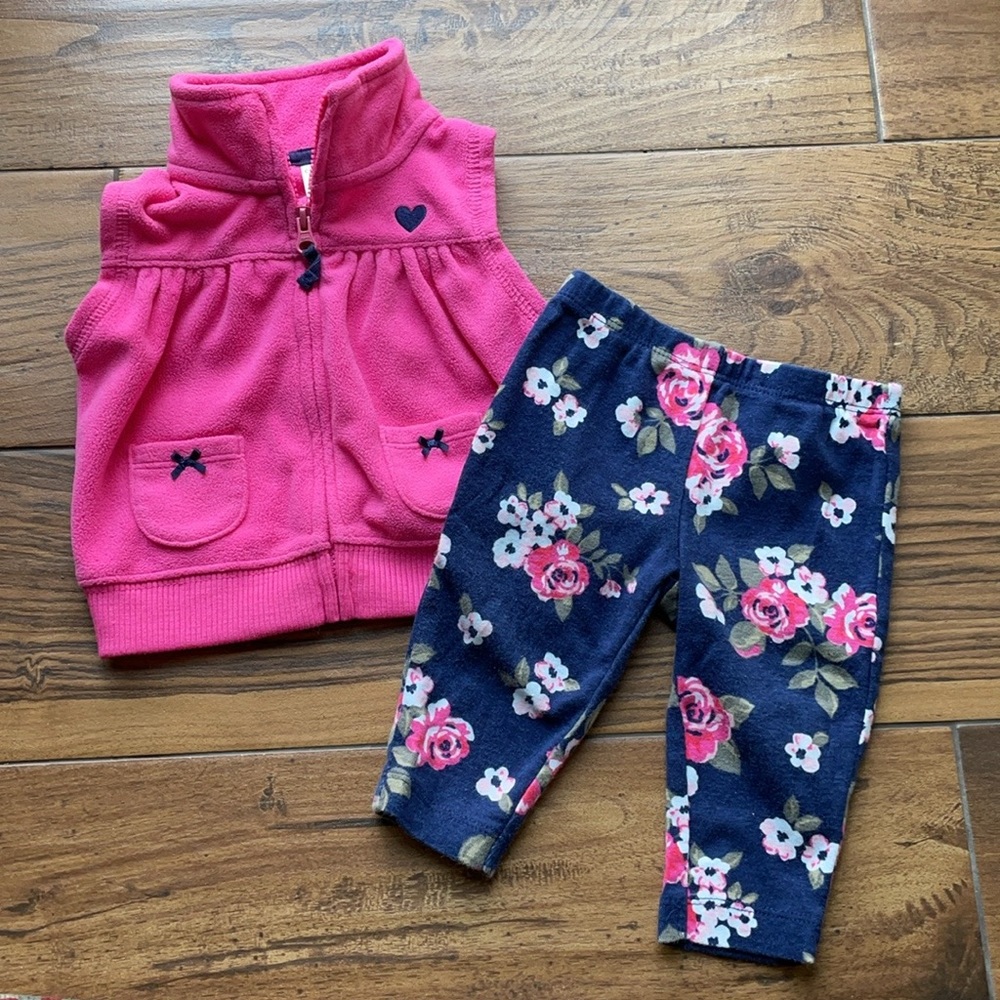 Carter's | Fleece Vest & Floral Leggings Set | Pink | Infant Girls | 3 months